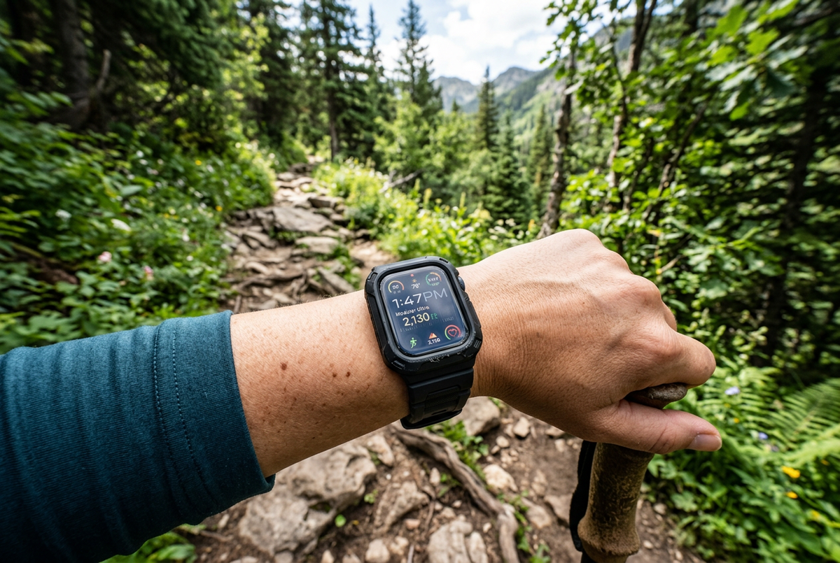 Rugged waterproof Apple Watch case worn outdoors on a hiking trail